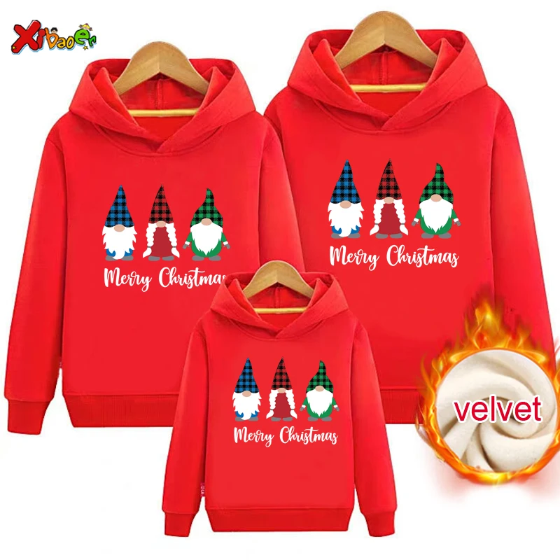 Christmas Family Hoodie Warm Winter Children Clothing Pullover Plus Velvet Sweater Adult Kids Clothes Matching Couple Outfits