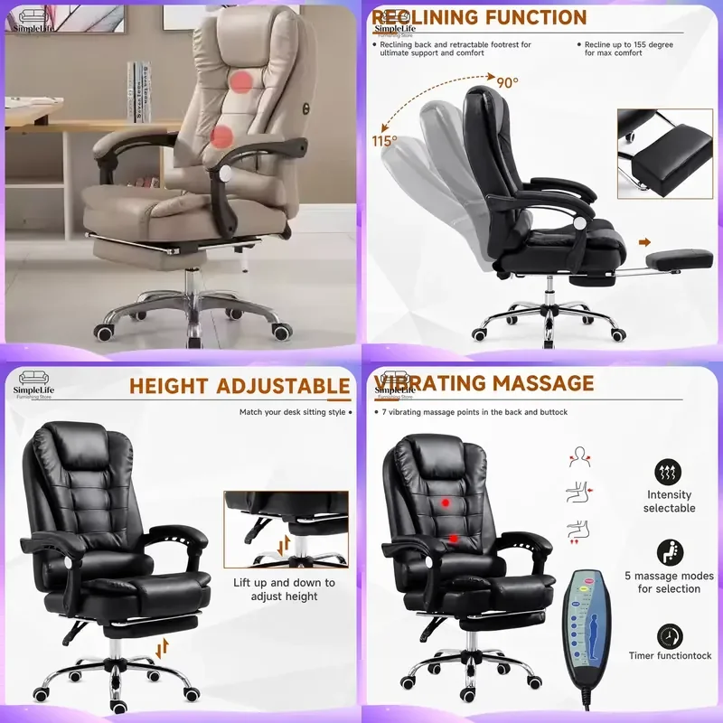 High Back Executive Office Chair Ergonomic Leather Boss Chair with 7 Point Massage Swivel Computer Desk Chair Comfortable