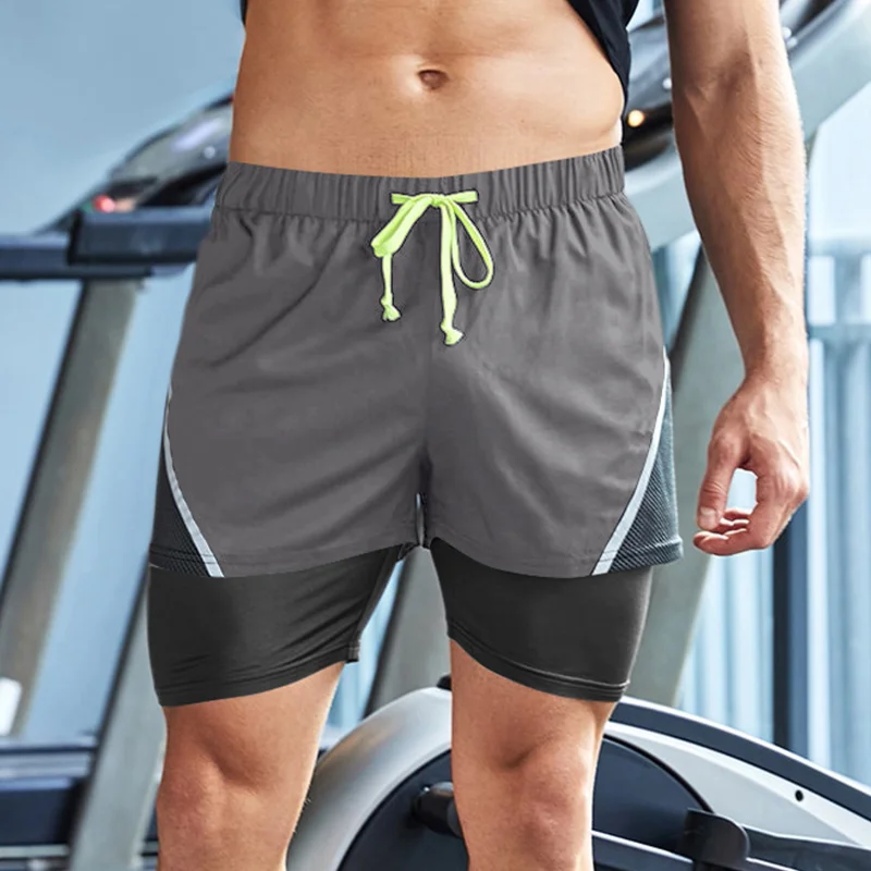 New Men's Double Layer Fitness Shorts Men Fitness Gym Training 2 in 1 Sports Shorts Quick Dry Workout Jogging Double Deck Summer