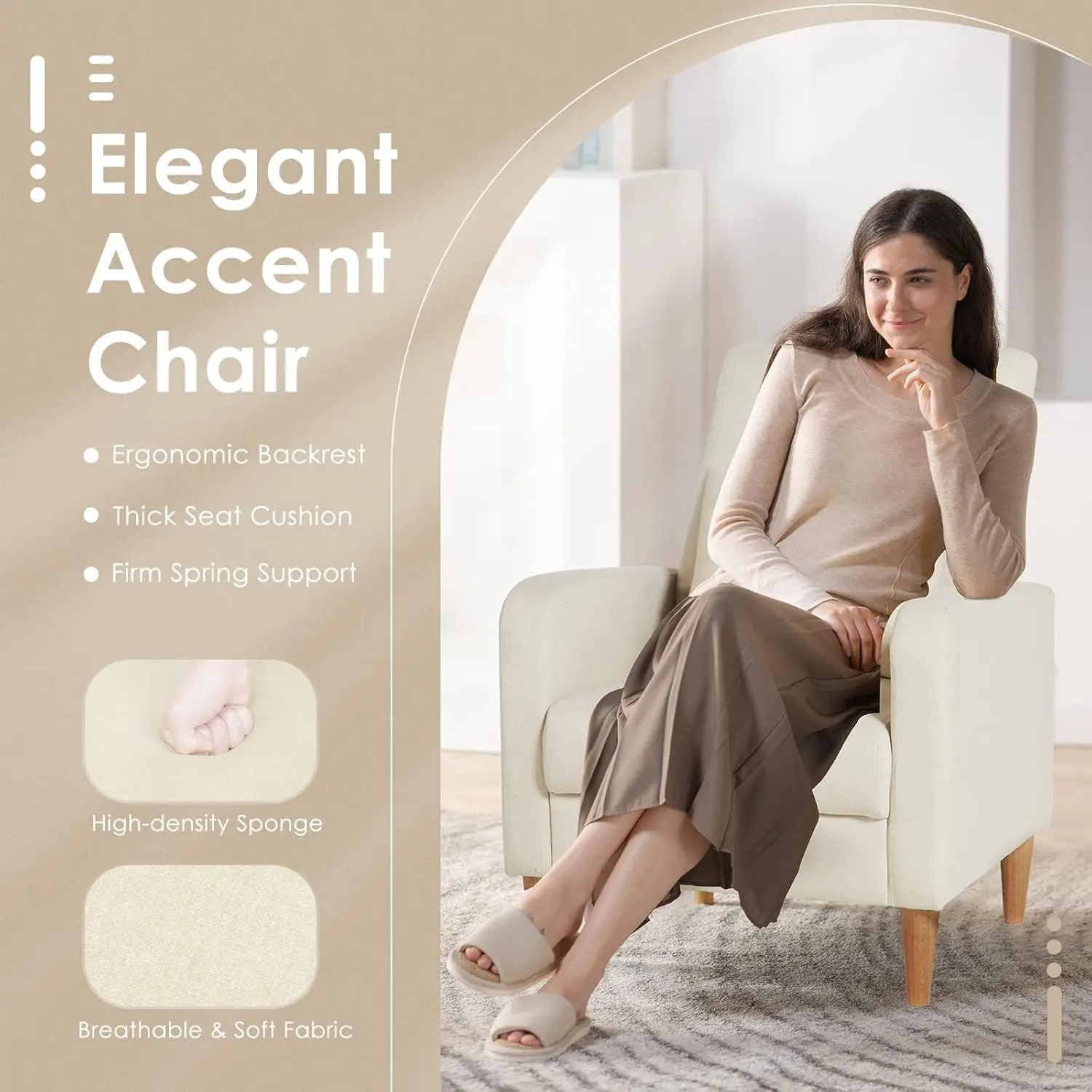 Modern Accent ห้องนั่งเล่นเก้าอี้ชุด 2 เบาะผ้าอาร์มแชร์อ่านด้านข้างเก้าอี้โซฟาเดี่ยวกลับหมอนขาไม้ Beige