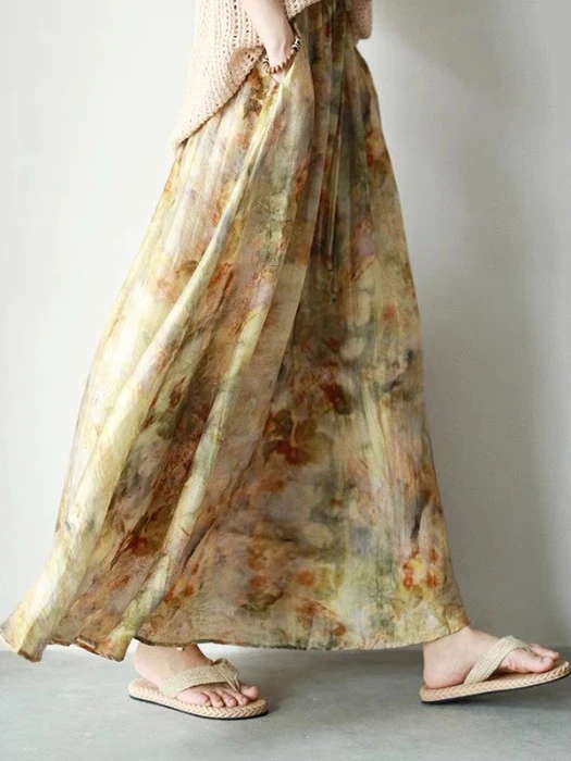 Elegant Plant Imitation Printing Maxi Skirt with Drawstring Elastic Waist Slimming Floral A-Line Skirt for plus Size Women
