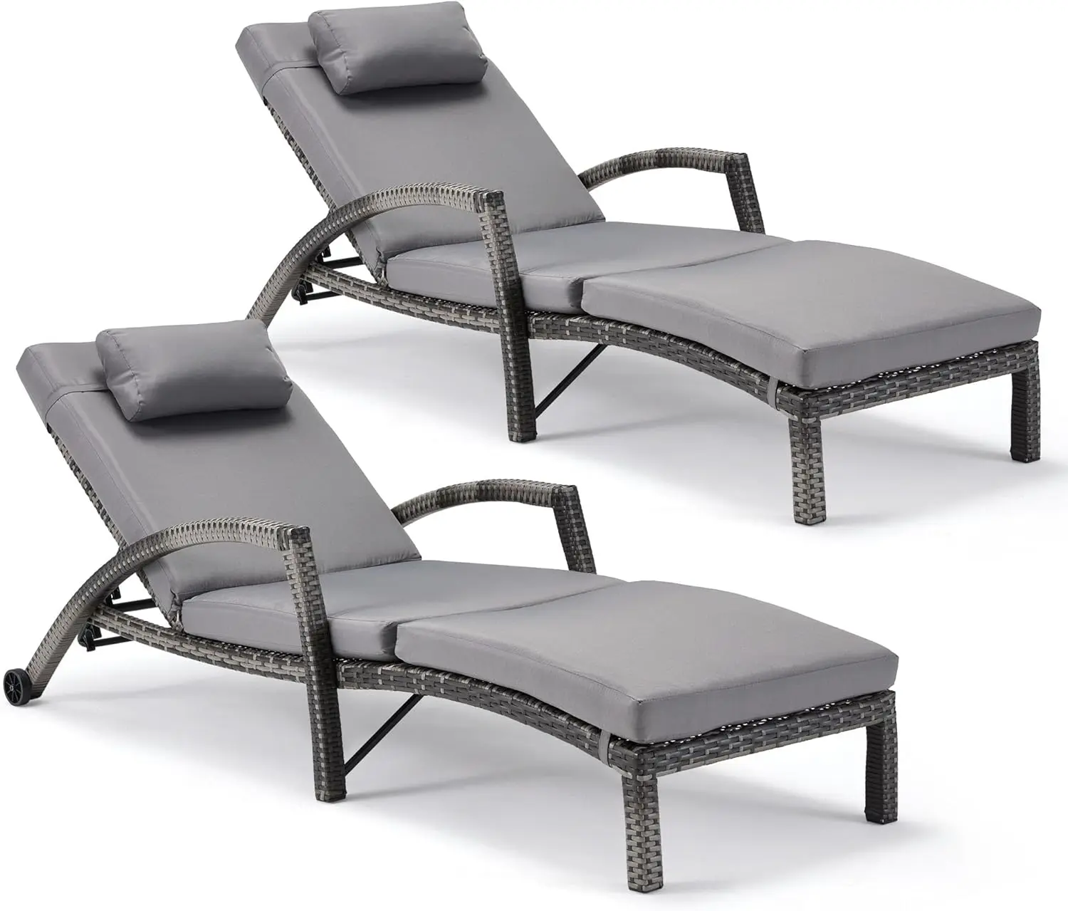 

Chaise Lounge Chairs Set of 2 PE Rattan Wicker Patio Lounge Chair with Adjustable 5 Position Arm and Wheels for Grey