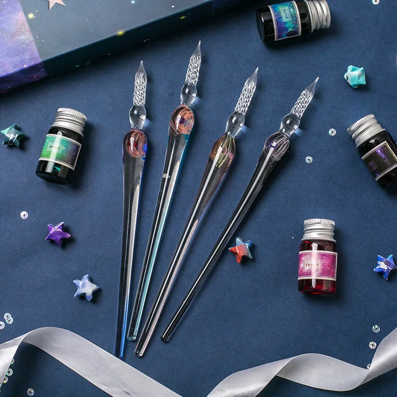 6 Pcs/Box Planet Glass Pen Glitter Crystal Dip Pen 4 Colors Gold Powder Ink Set Gifts Stationery School Writing Drawing Supplies