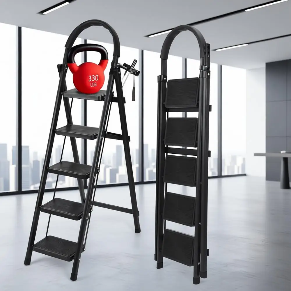

Portable 5-Step Ladder with Tool Tray, Wide Anti-Slip Steps, 330lb Capacity, Suitable for Kitchen, Home, or Office, Black