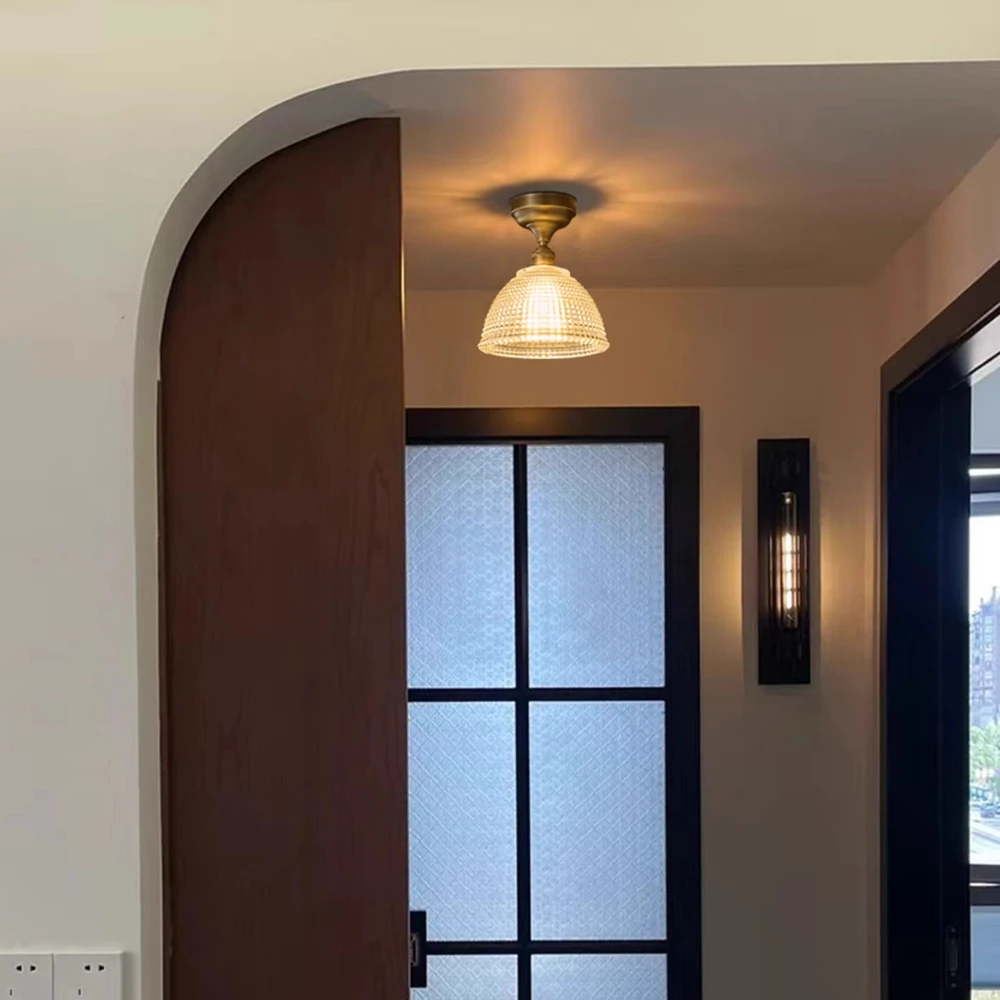 

Brass Glass Vintage Ceiling Lamp French Retro Foyer Entrance Hall Balcony Corridor American Atmosphere Entrance Corridor Lamp