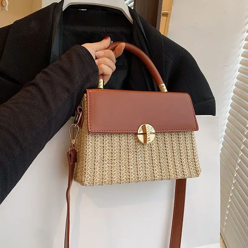 High end woven small square bag new women handbag fashion design splicing contrasting shoulder crossbody bag vacation beach bag