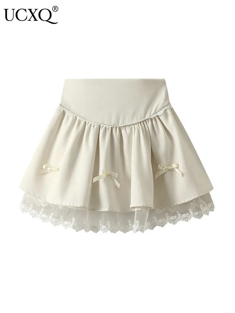 

UCXQ Elegant Short Skirt Gentle Temperament High Waist Solid Color All Match Bow Lace Cake Skirts Women 2024 Spring Autumn C1967