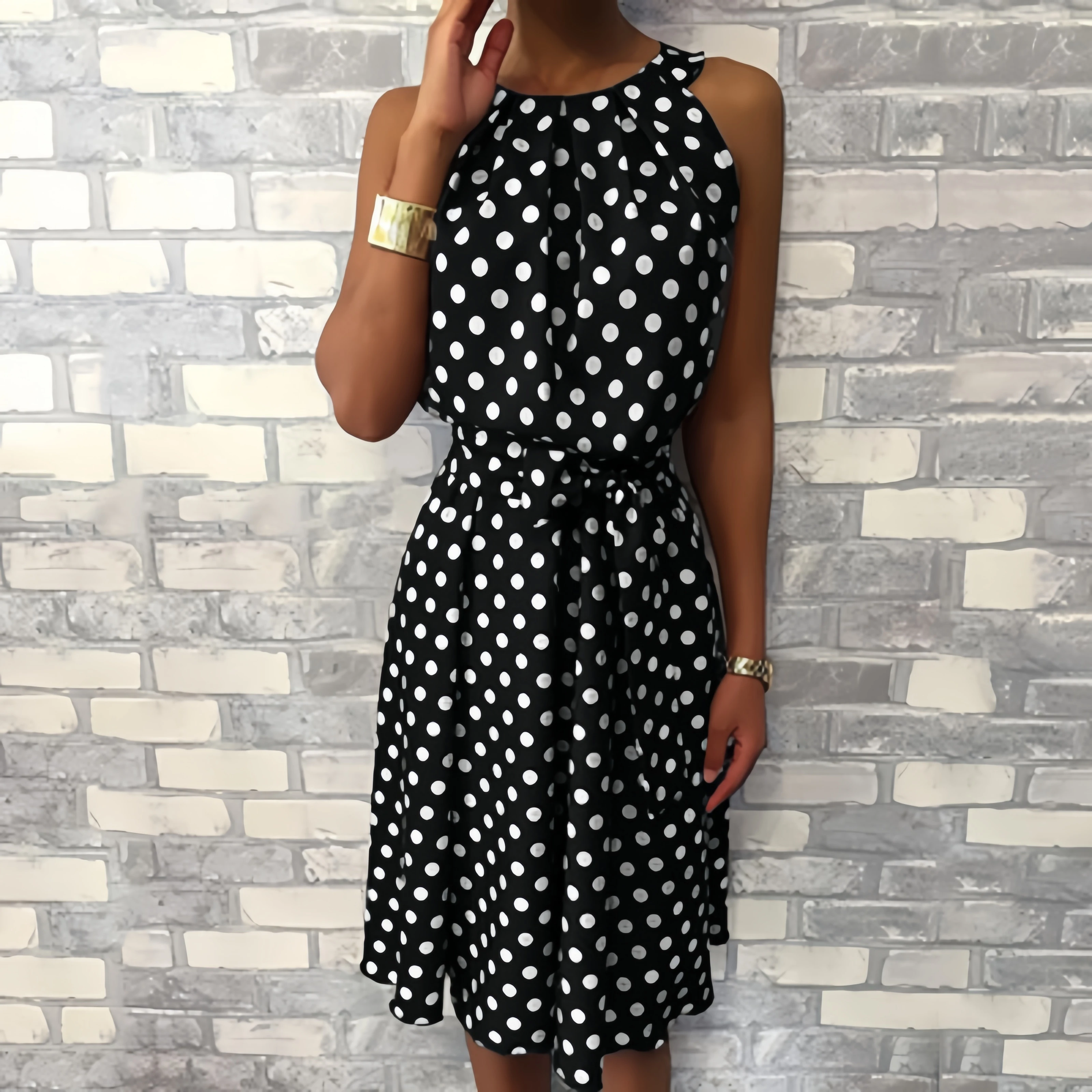 

New Arrival Hot Selling Womens Polka Dot Sleeveless Dresses Strapless Round Neck Casual Loose Dresses Evening Fashion Prom Dress