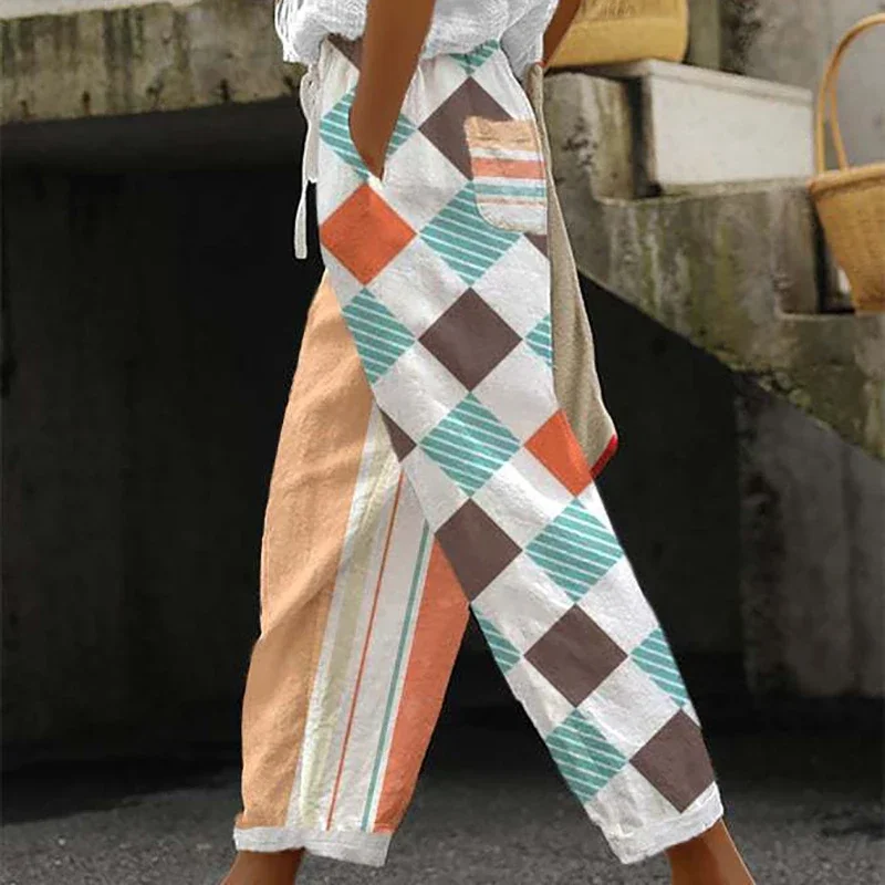 

Ethnic Retro Print Women Mid-waist Ankle Length Pant Summer Cotton Linen Pocket Straight Trousers Lady Casual Drawstring Overall