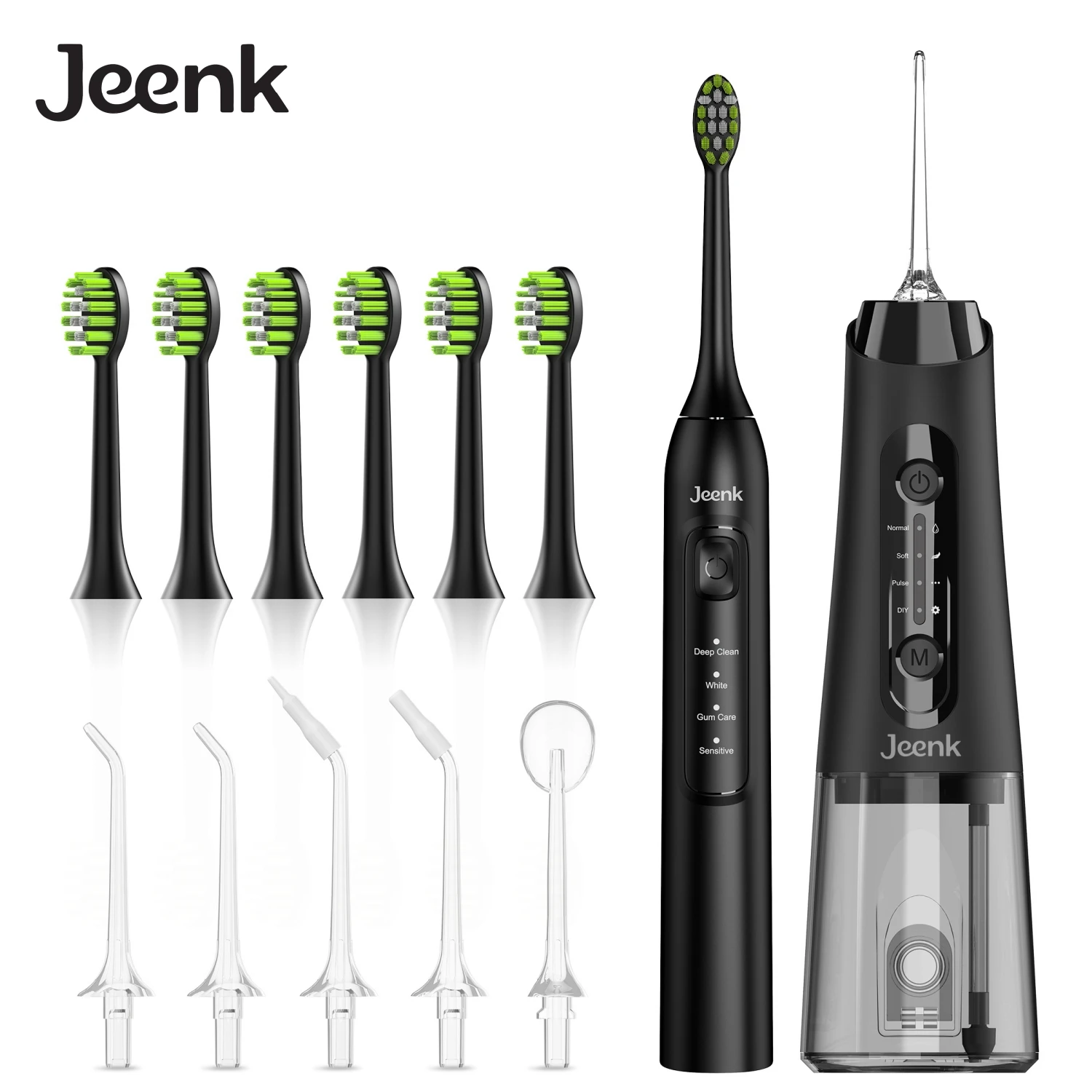

Комбинированная звуковая зубная щетка Jeenk 2 в 1 и ирригатор для воды, 4 режима, перезаряжаемый через USB водонепроницаемый комплект с 6 насадками, ирригатор для полости рта