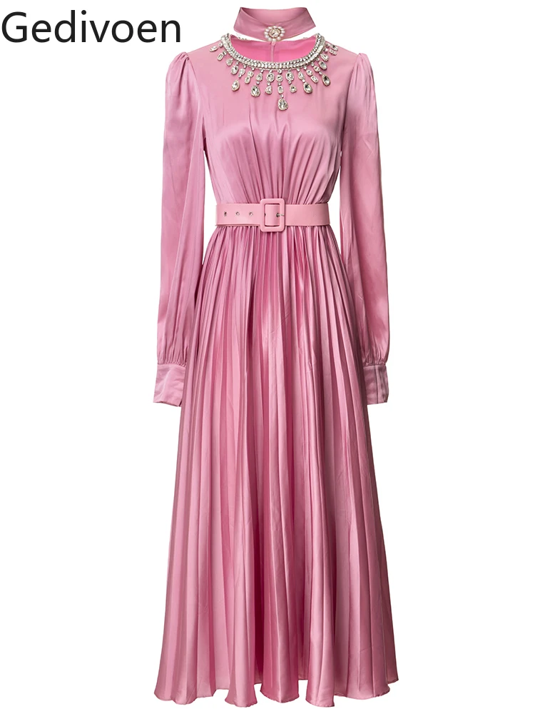 

Gedivoen Spring Summer Fashion Runway Pink Dress Women O Neck Diamond Ruched Design Tie-belted Ankle-Length Elegant Dress