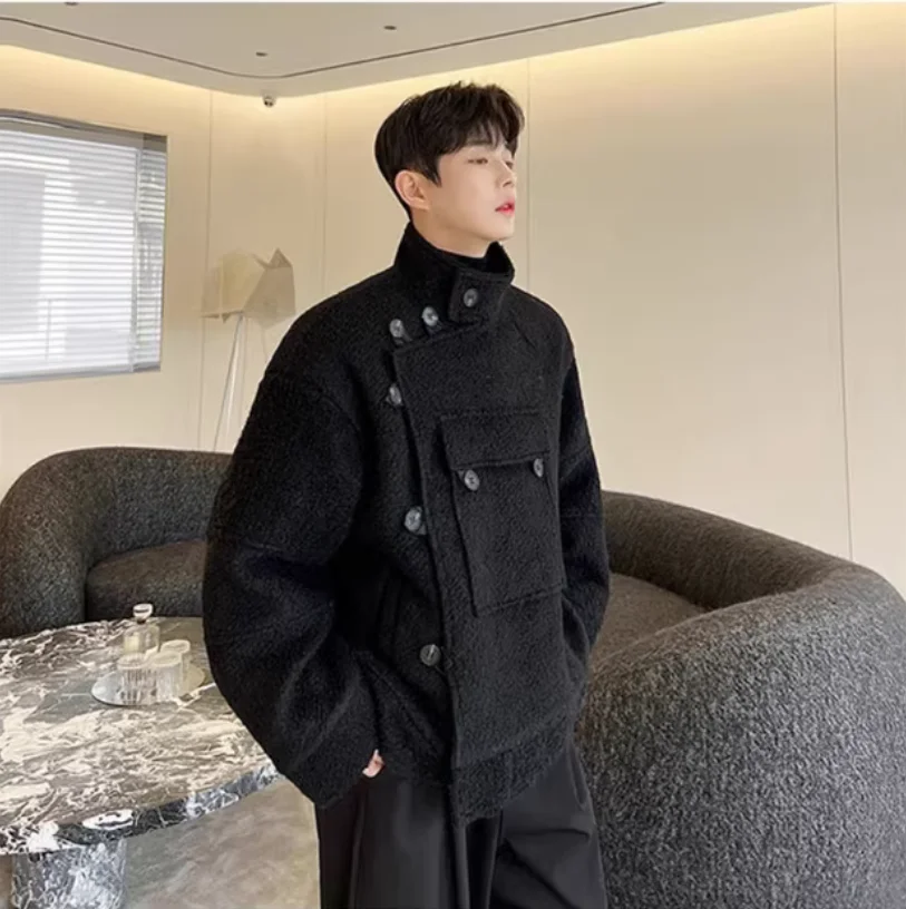 Winter Stand-Up Collar Thickened Cashmere Jacket with Zippered Large Pockets and Rugged Style