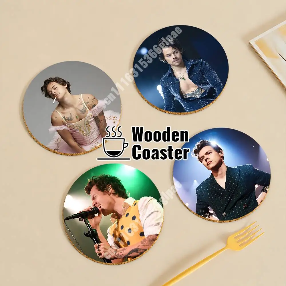 H-Harry S-Styles Kiss All The Time Wooden Cup Mat Americano Beer Milk Water Coaster for Baking Studio