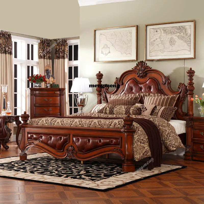 American solid wood master bedroom leather bed European carved pillar bed double villa luxury retro wedding bed
