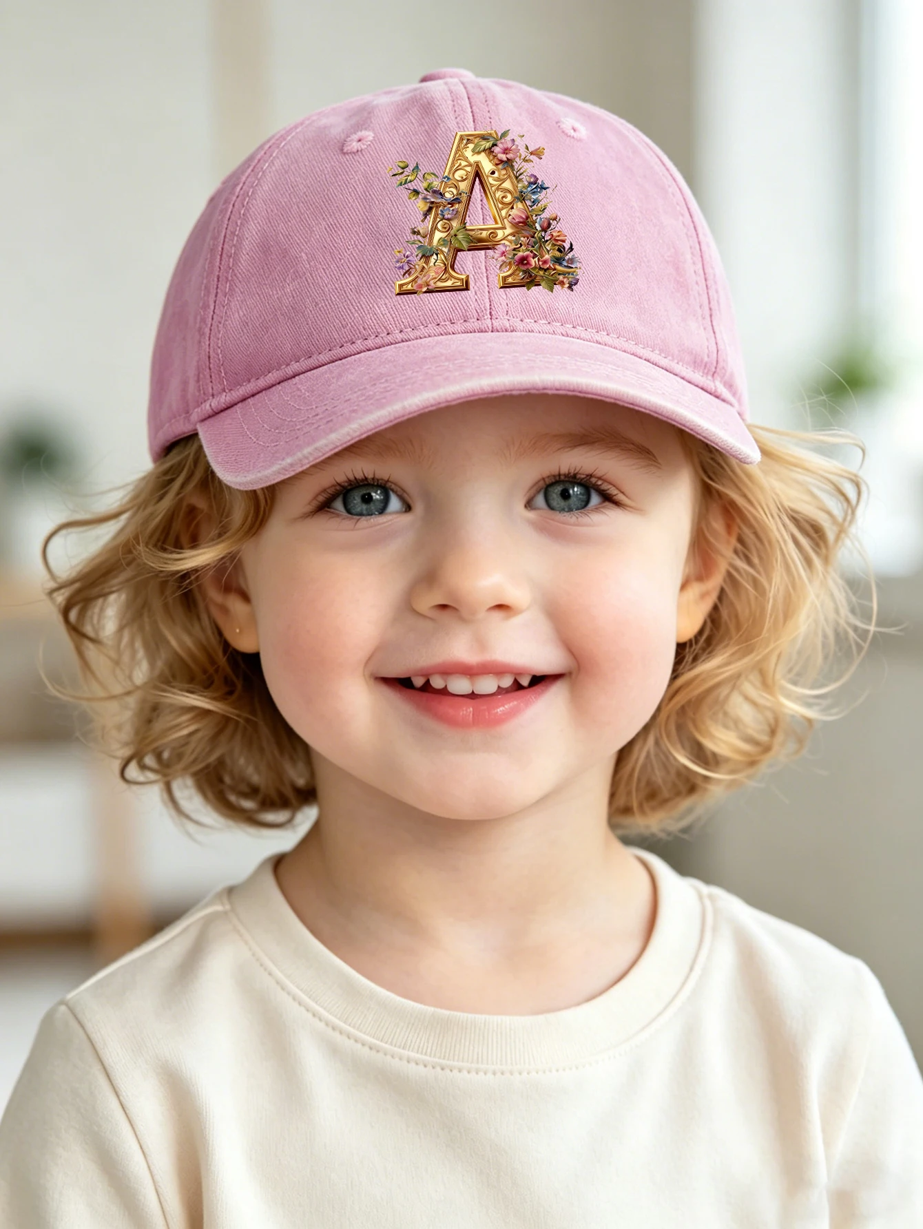 1pc pink baby hat  Adjustable Youngsters' Baseball Cap with A-Z letter  Gorgeous Golden Flower - Breathable Sun Hat for Boys and view 3