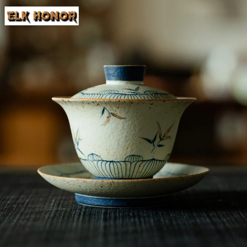 

145ml Hand-painted Bamboo Shadow Gaiwan Vintage Tea Tureen Tea Bowl With Lid Kit Tea Maker Cover Bowl Tea Services Supplies Gift