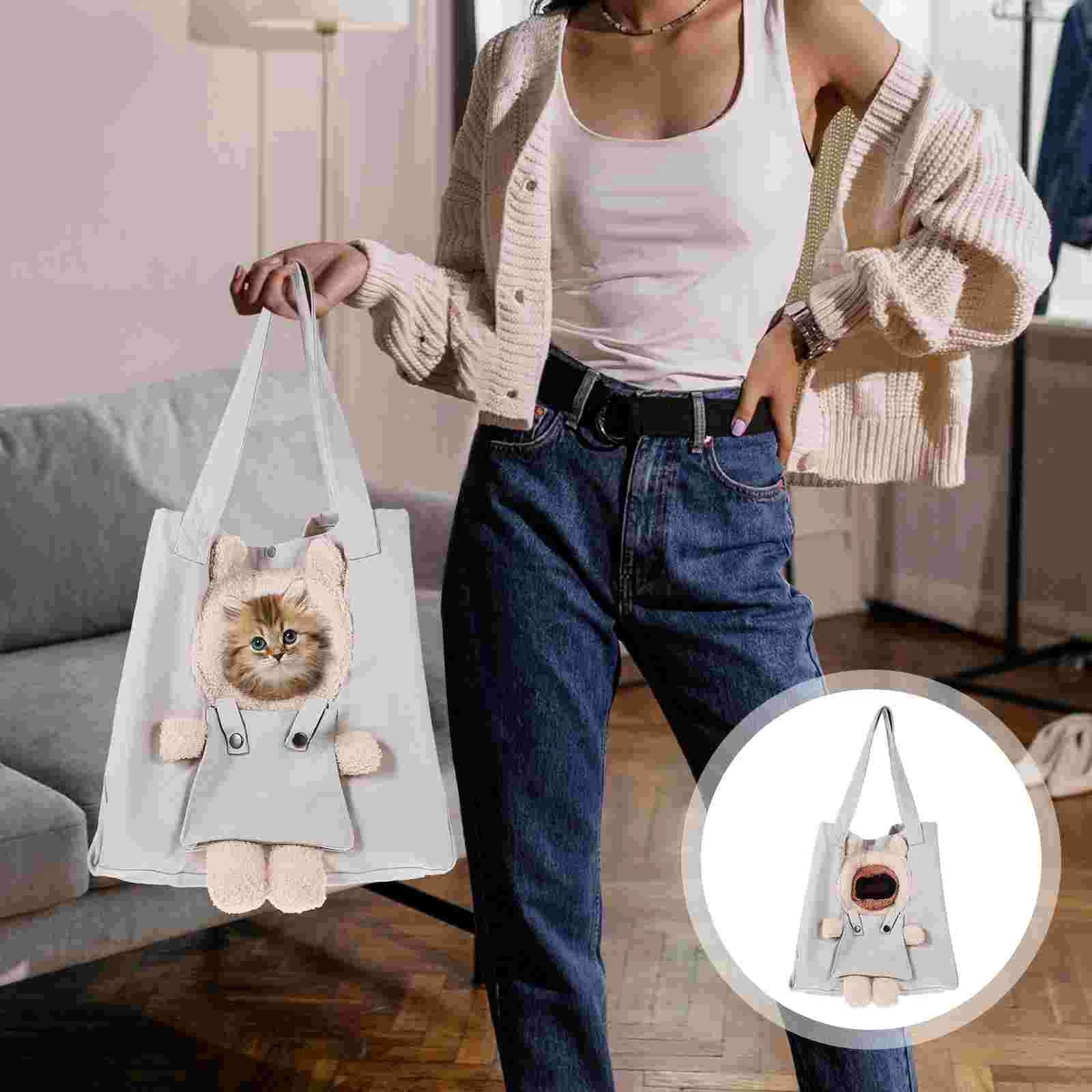 

Canvas Tote Bag Cat Shoulder Small Pet Portable Puppy Carrying Gray Carrier Dog Pets Container Travel