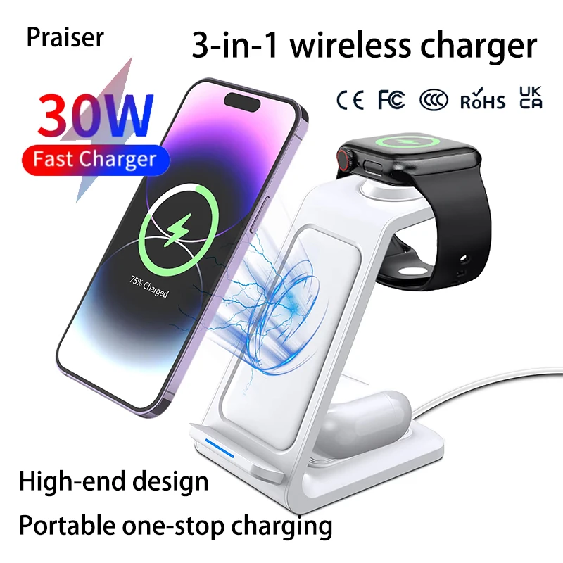 30W 3-In-1 Wireless Charger Stand Dock For iPhone Samsung Xiaomi OPPO Apple Watch 8 7 AirPods Induction Fast Charging Station