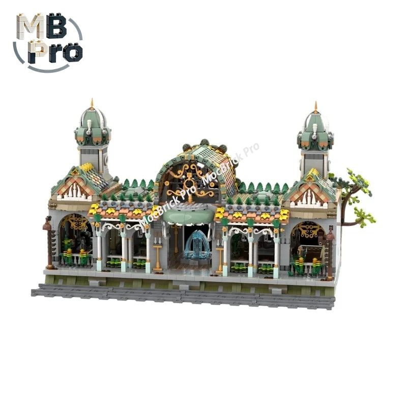 Fairy Tale Style Architectural Model, Elven Train Station Made of Building Blocks for Desktop Ornament