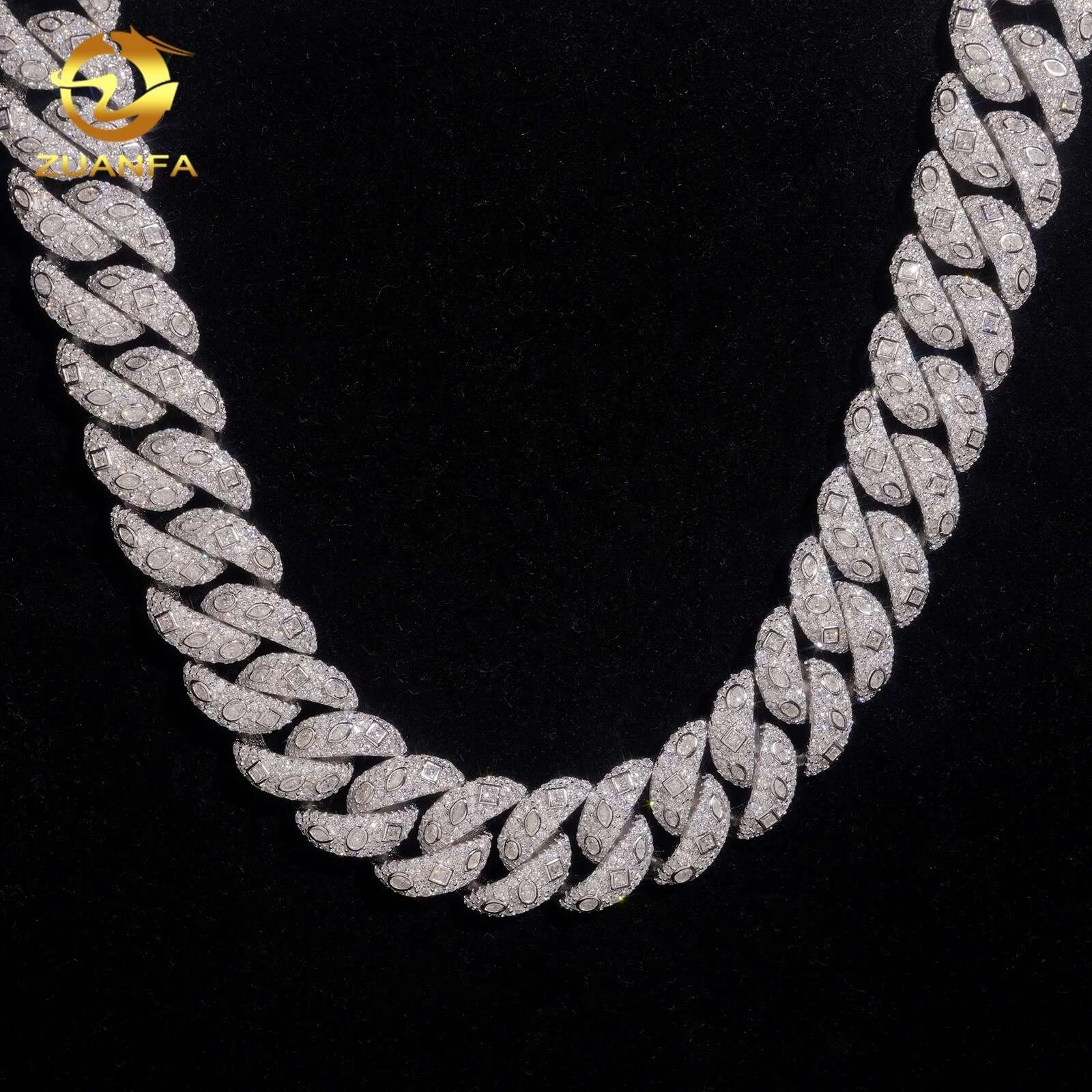 New Arrivals Luxury High Quality Iced Out Mens Hip Hop 925 Silver 20mm Fancy Shape Moissanite Cuban Link Chain，