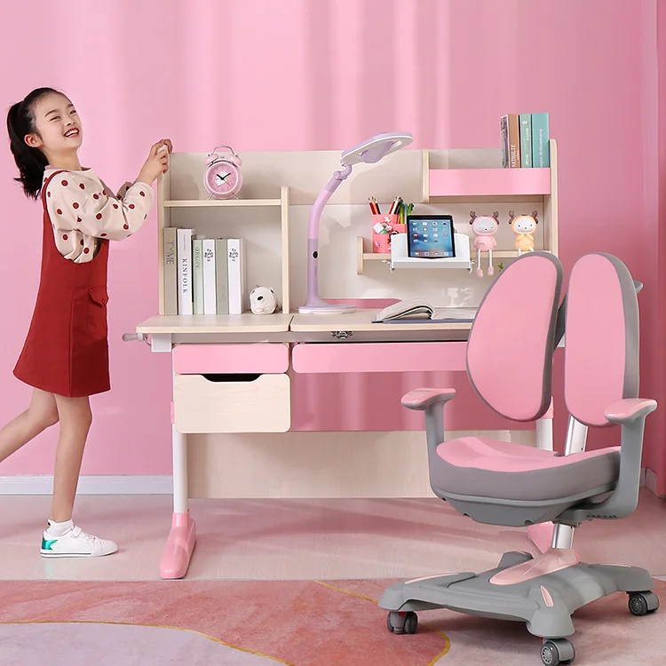 

Custom Ergonomic Height Adjustable Kids Learning Study Table Desk and Chair Set With Large Storage Bookshelf