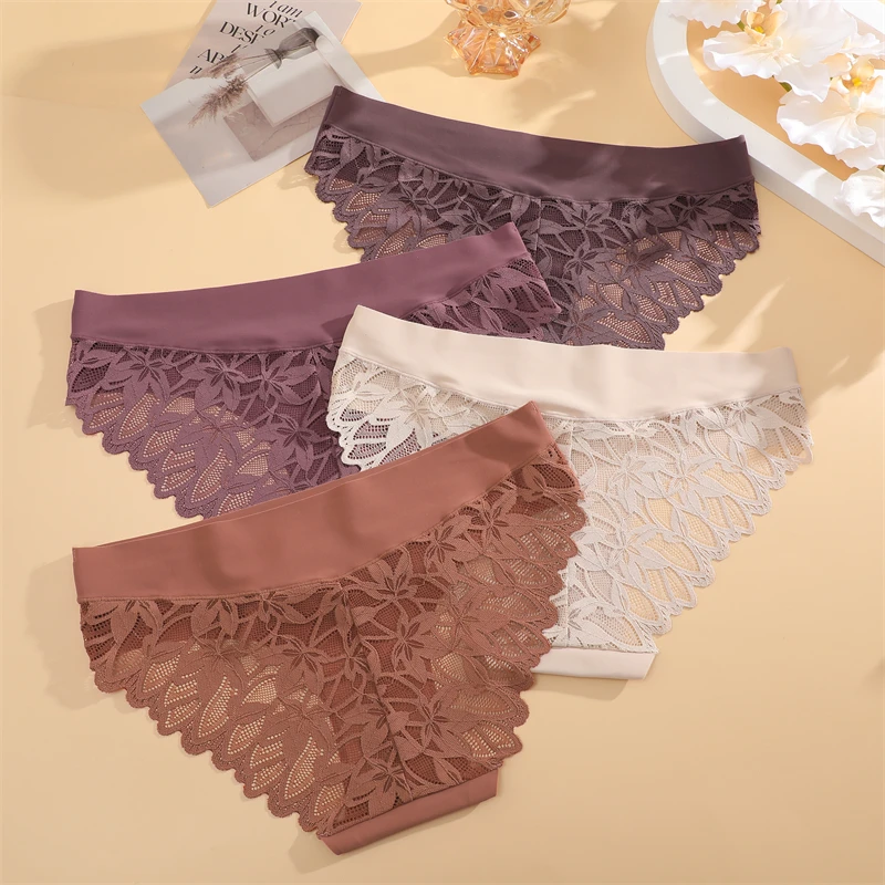 FINETOO 3Pcs Women Lace Floral Underwear Seamless Stretch Panties Sexy Hollow Out Low-Waist Briefs High Quality Comfort Lingerie