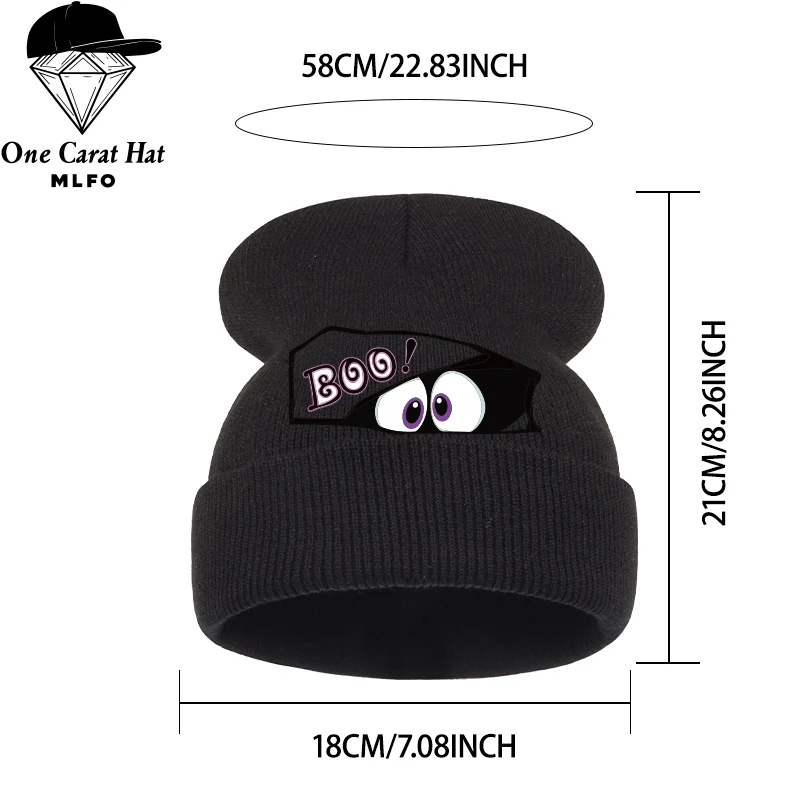 Fun Trendy Knit Beanie, BOO Spooky Eyes Graphic Print, For Daily Street Look, Halloween Event & Casual Trip