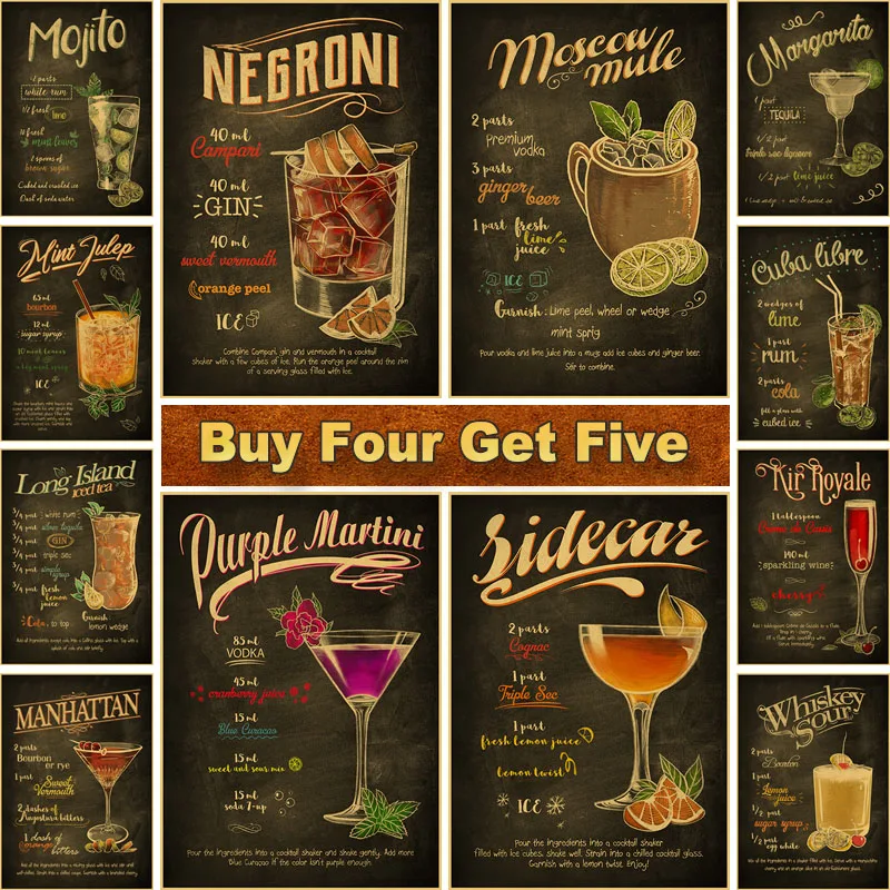 

Drink and Mojito Cocktail Vintage Poster Retro Kraft Paper Posters and Prints Wall Art Painting Pub Club Bar Decorative Sticker