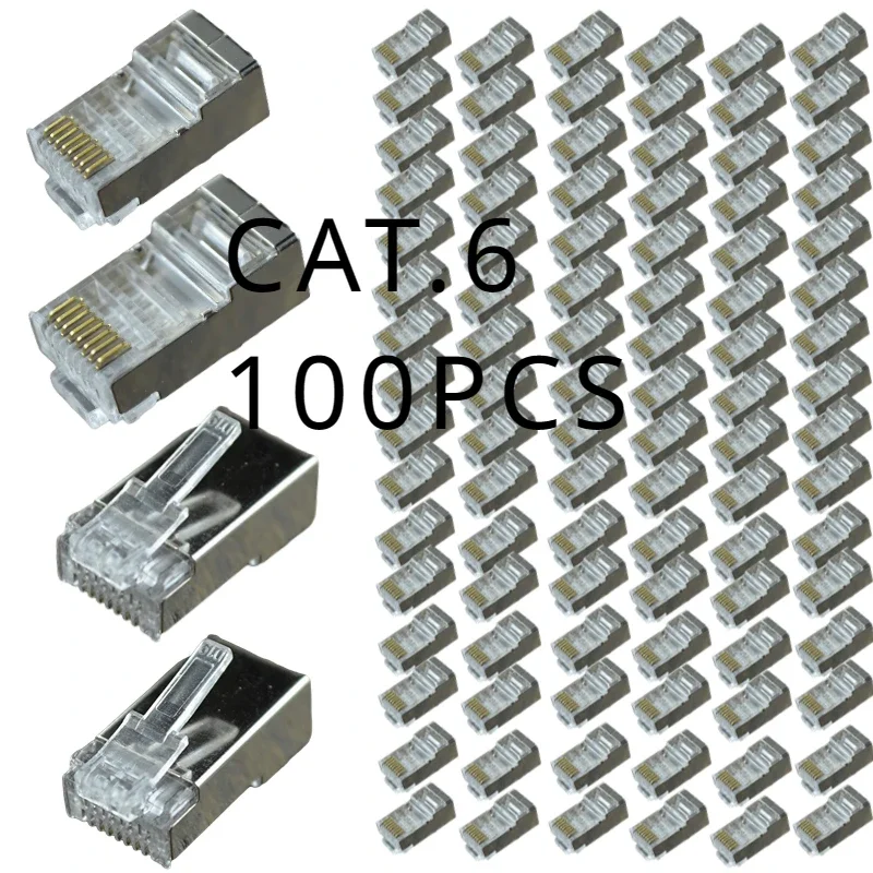 金メッキイーサネットケーブルヘッドプラグ,圧着ネットワーク,rj45コネクタ,cat.68p8c,cat6,100個