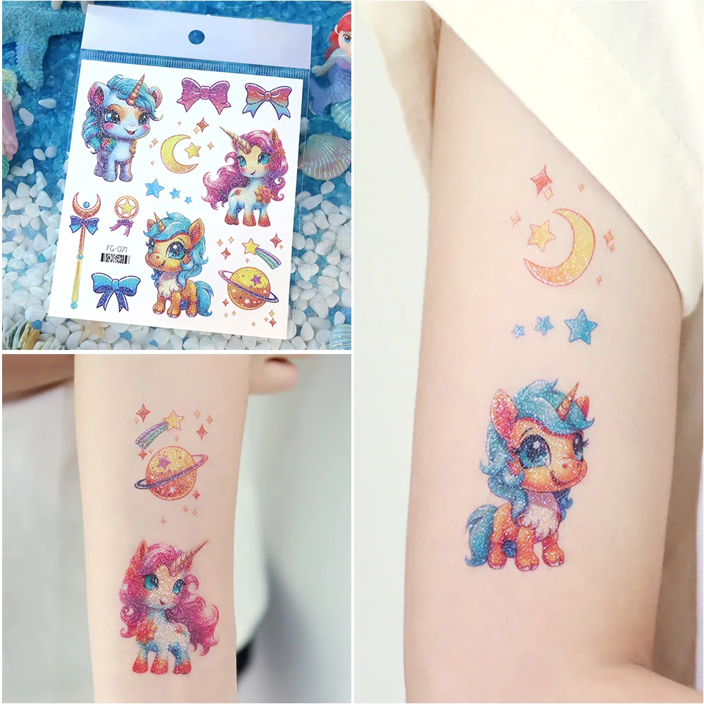 Einhorn-Meerjungfrau-Tattoo Buntes Glitzerpulver Wasserdichter Temporärer Aufkleber Niedliche Cartoon-Körperkunst Arm-Fake-Tattoos – Detail 9