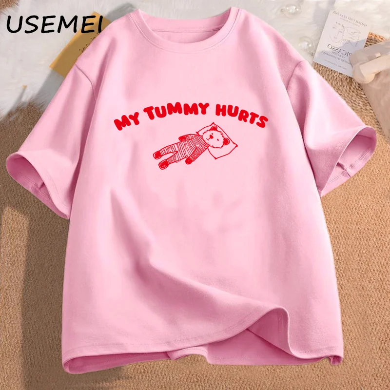 My Tummy Hurts Bear Meme Graphic T Shirts Cotton Short Sleeve T-shirts Oversize Man Clothes Funny Print Tees Shirt Men\'s Clothes