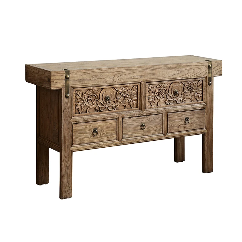 Wabi Sandy Wind Solid Wood Entrance Cabinet, Old Elm Wudou Locker, Zhongtang Table Hotel God of Wealth Case