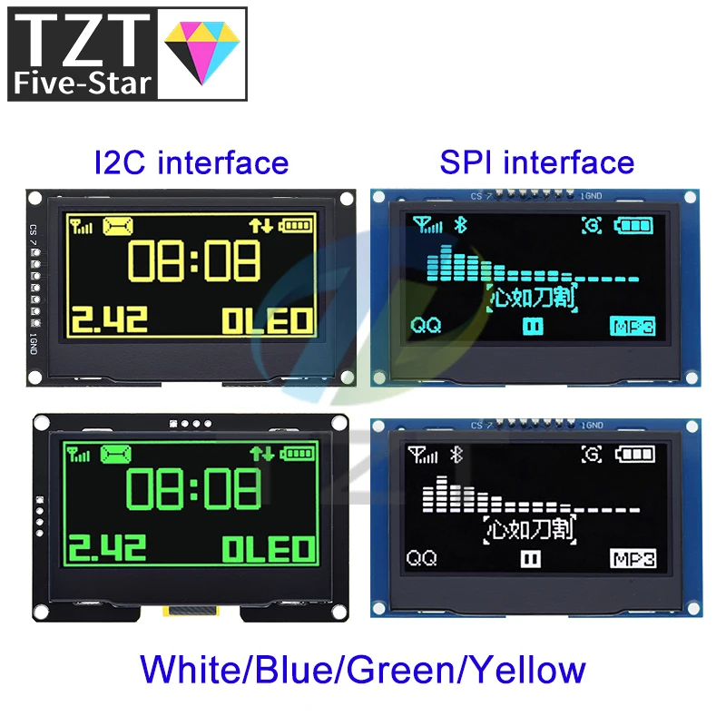 

TZT 2.42" 2.42 inch LCD Screen White Yellow 128x64 OLED Display Module IIC I2C SPI Serial for C51 SPD0301