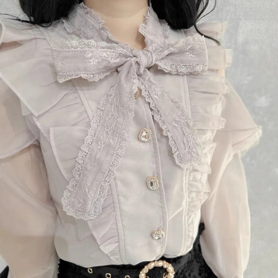 Japanese Sweet Ruffles Organza Lace Off Shoulder Fairy Blouse Single Breasted Long Sleeve Shirts 2025 Spring New Blusas Mujer