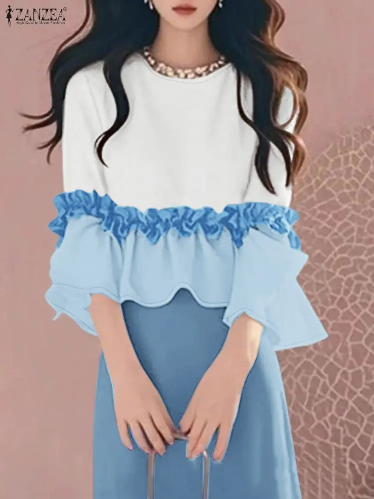 Elegant Ruffled Office Blouse ZANZEA Summer Women Tops Stylish 3/4 Flare Sleeve Work Shirt Patchwork Cropped Femme Tops Tunic