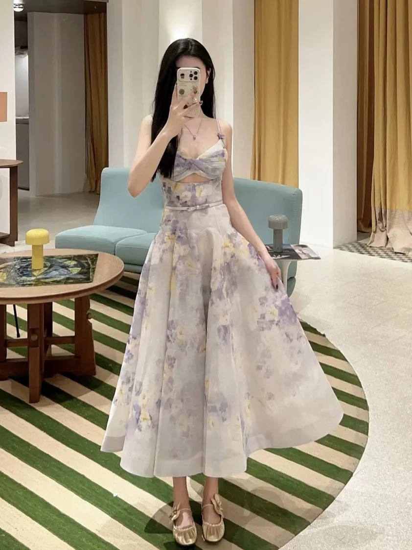 

Z Home Luxury Mid-Length Floral Print terne Gown with Bow Detail in Purple for Holiday Season Women's Casual Wear