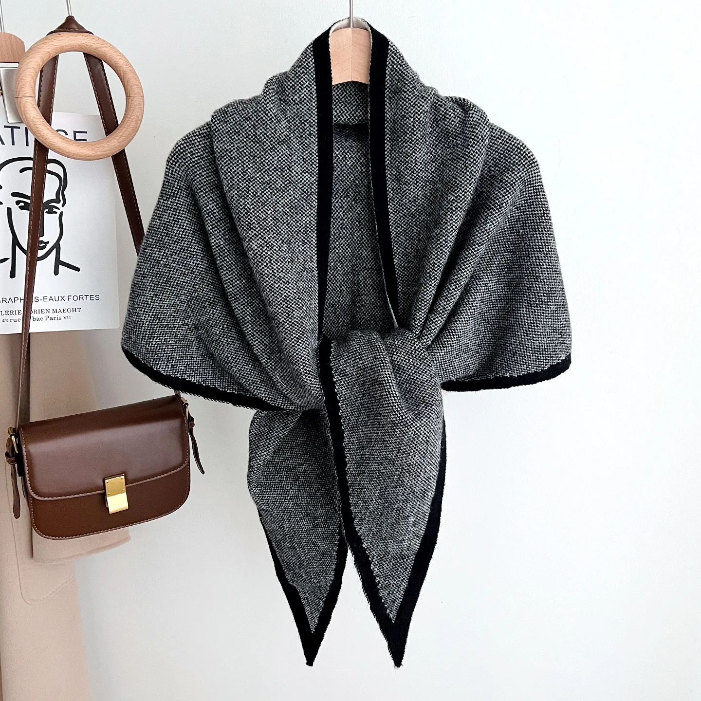 British Knitted Wool Scarf Women Big Size Triangle Winter Shawl Solid Color Triangle Design Shawl Soft Outdoor Winderproof Scarf