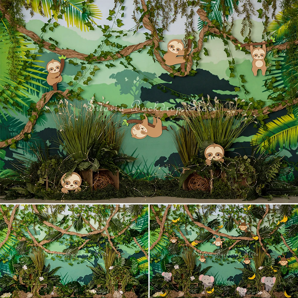 

Jungle Theme Cake Smash Photography Backdrops Woodland Safari Animal Photo Background Kids Birthday Portrait Photo Studio Props