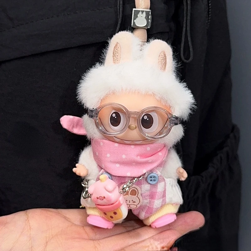 Комплект комбинезонов 4-го поколения Mini Labubu Heart Code, розовый нагрудник и клетчатый комбинезон, милый джинсовый наряд для виниловой куклы 10 см (только одежда)