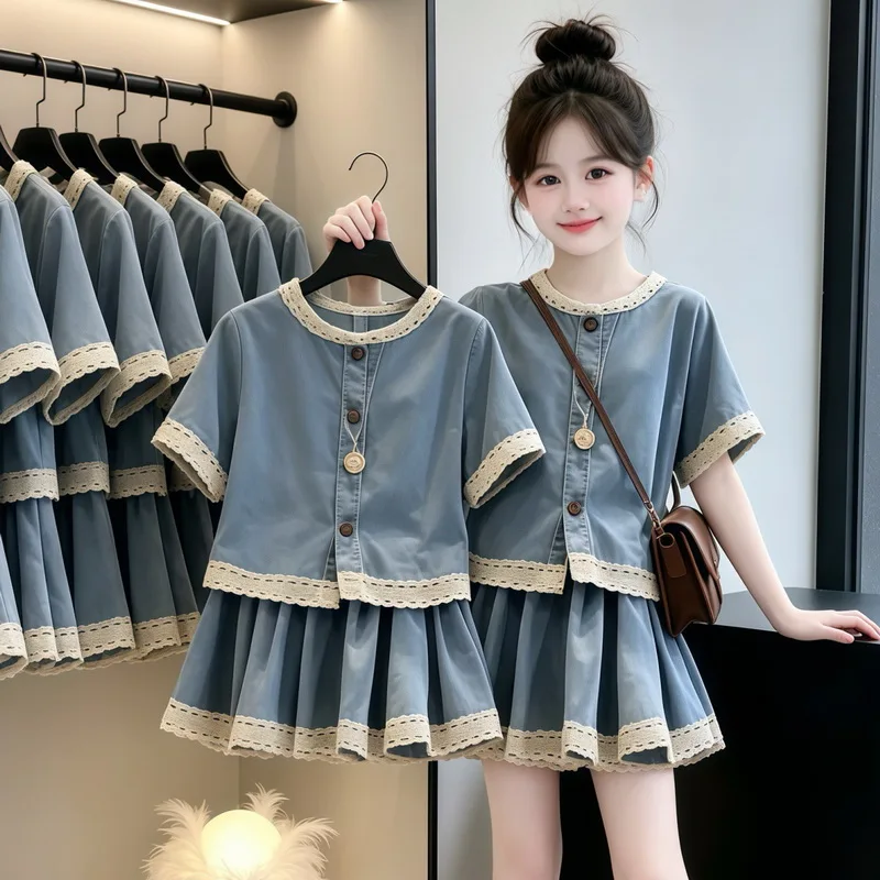 Girls Summer Outfit Thin Denim Top And Pleated Skirt Set High Waist Bicolor Lace Detail Breathable Leather Short Sleeve Two Piec