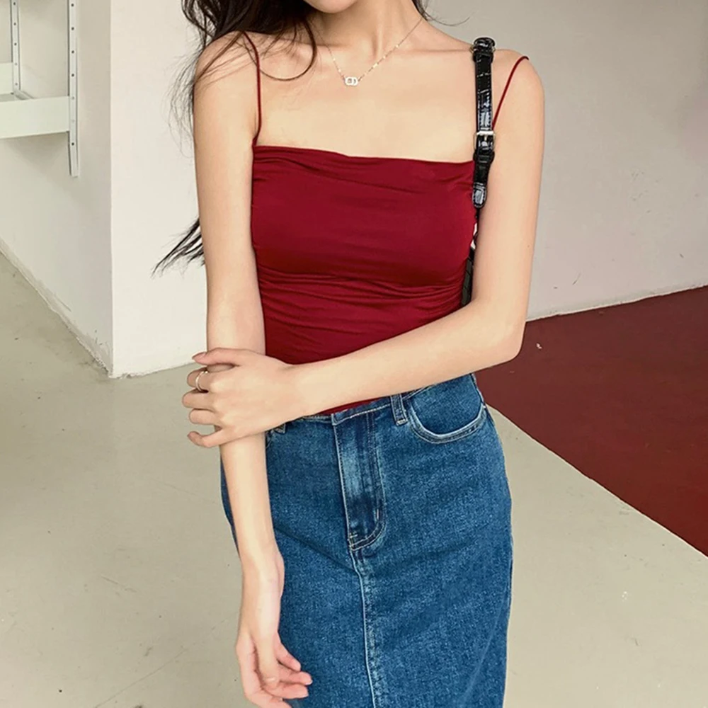 Summer Slim Fit Slim Strap Women Top Shirt Solid Color Tank Top Sexy Strap Crop Hot Pullover Wild Fashion Outfit Bottoming Shirt