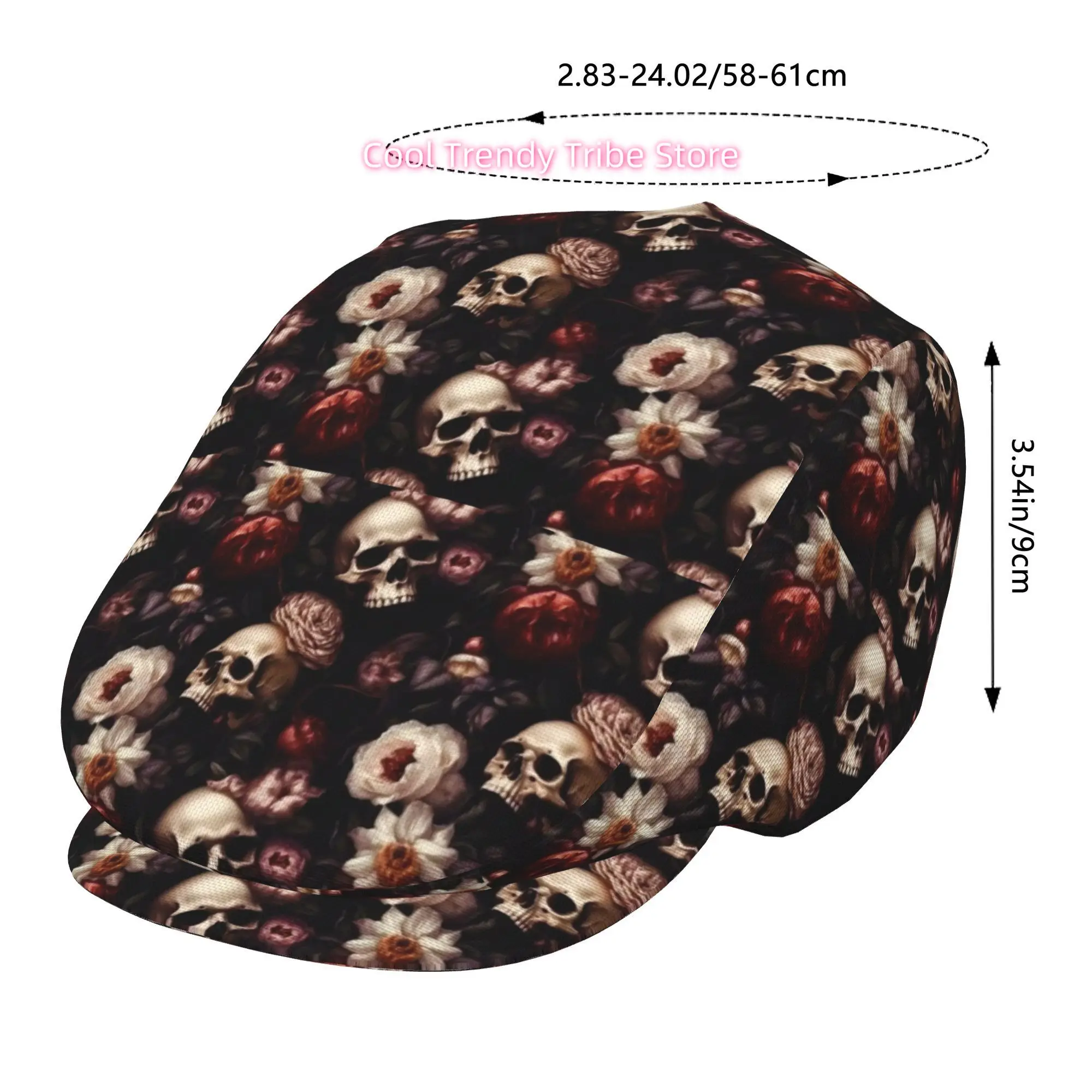 One Piece of Dark Skeleton Design Featuring Red And White Flowers, Complete Face Print Beret. A Stylish Newsboy Cap Suitable for