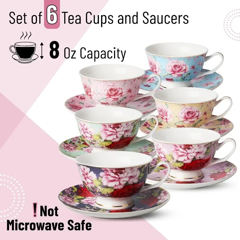 Cups,  Cups and Saucers Set of 6, Tea Set, Floral Tea Cups (8oz),  Cups and Saucers Set,  Set