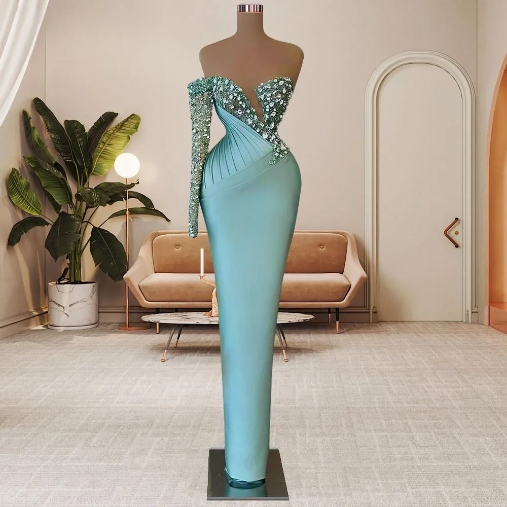 

One-shoulder Prom Dresses Sheath V-neck Sequins Crystals Prom Gown Saudi Arabia Dubai Black Girls Evening Dresses Robe De Soiree