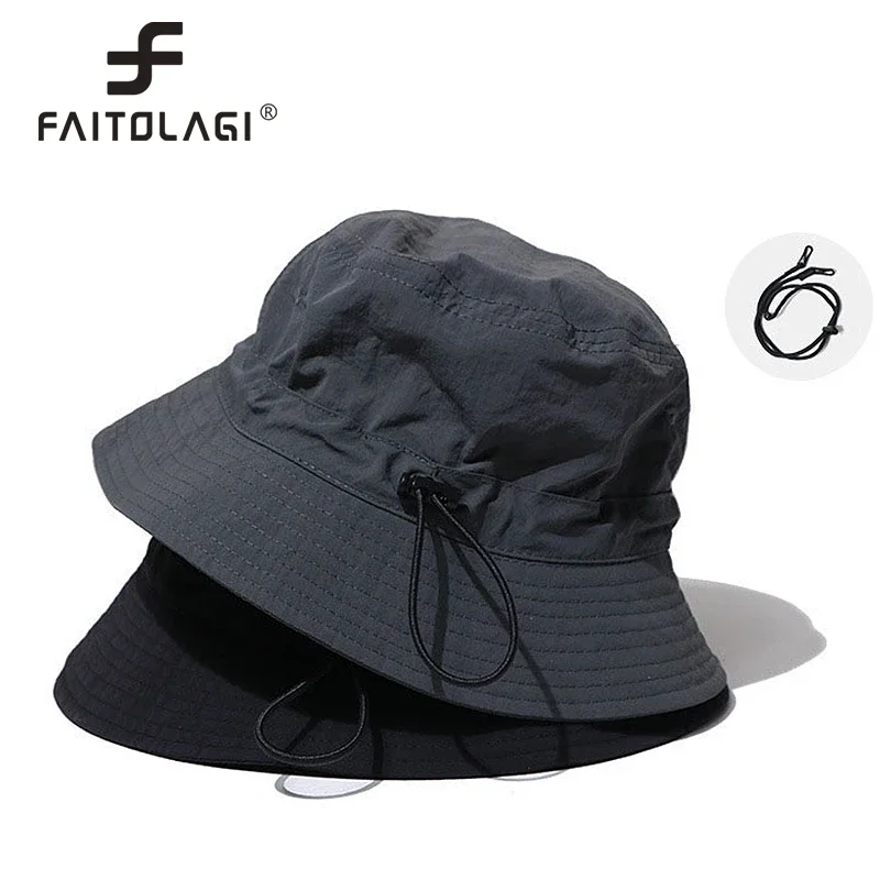 Drawstring Rope Bucket Hat Summer Quick Dry Breathable Fisherman Cap For Men Women Outdoor Anti UV Sunscreen Bonnet Sun Visors