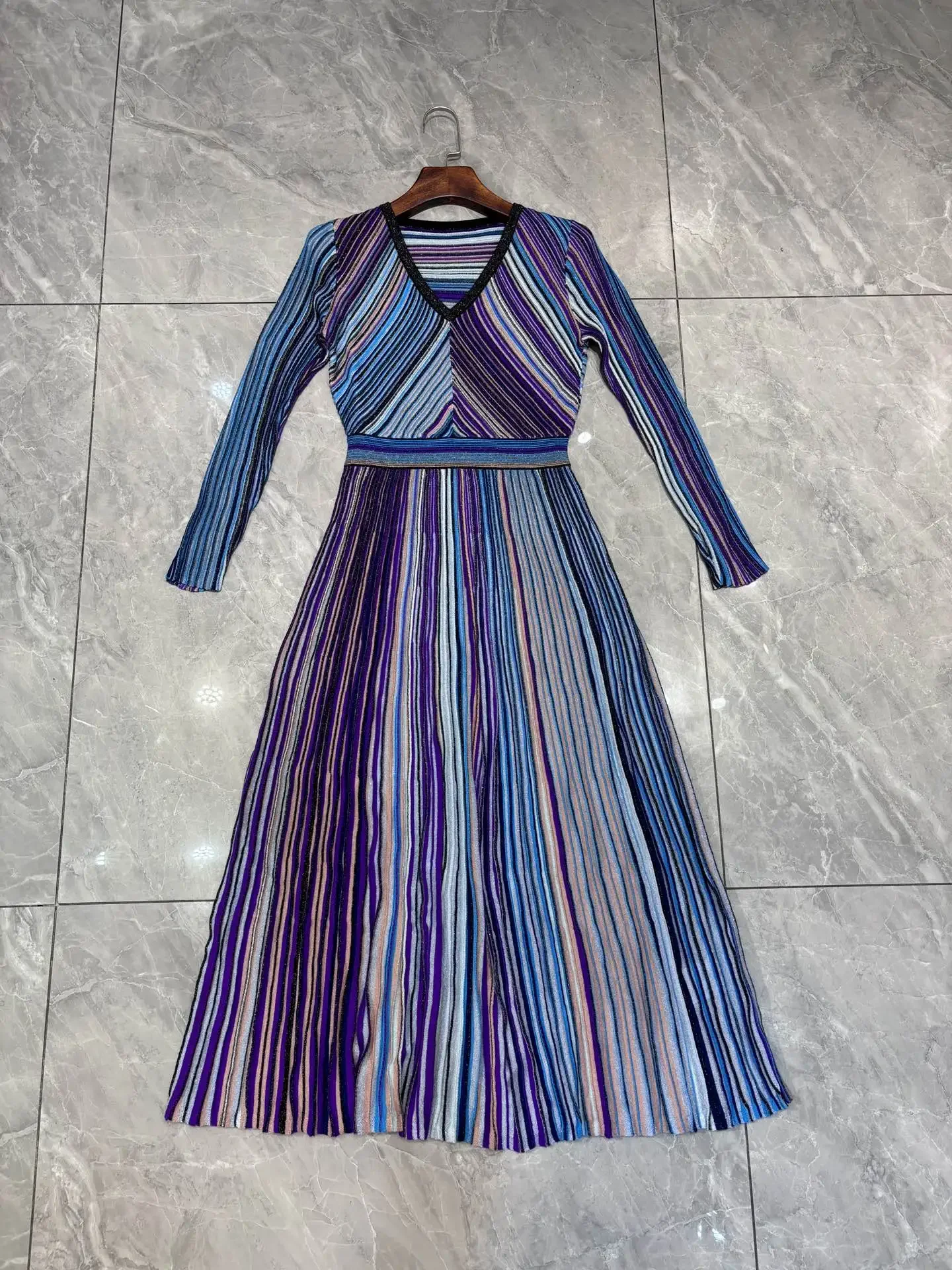 Bright Silk Women's Striped Dress Spring V-Neck Long Sleeve High Waist Fashion Female Knitted Robe