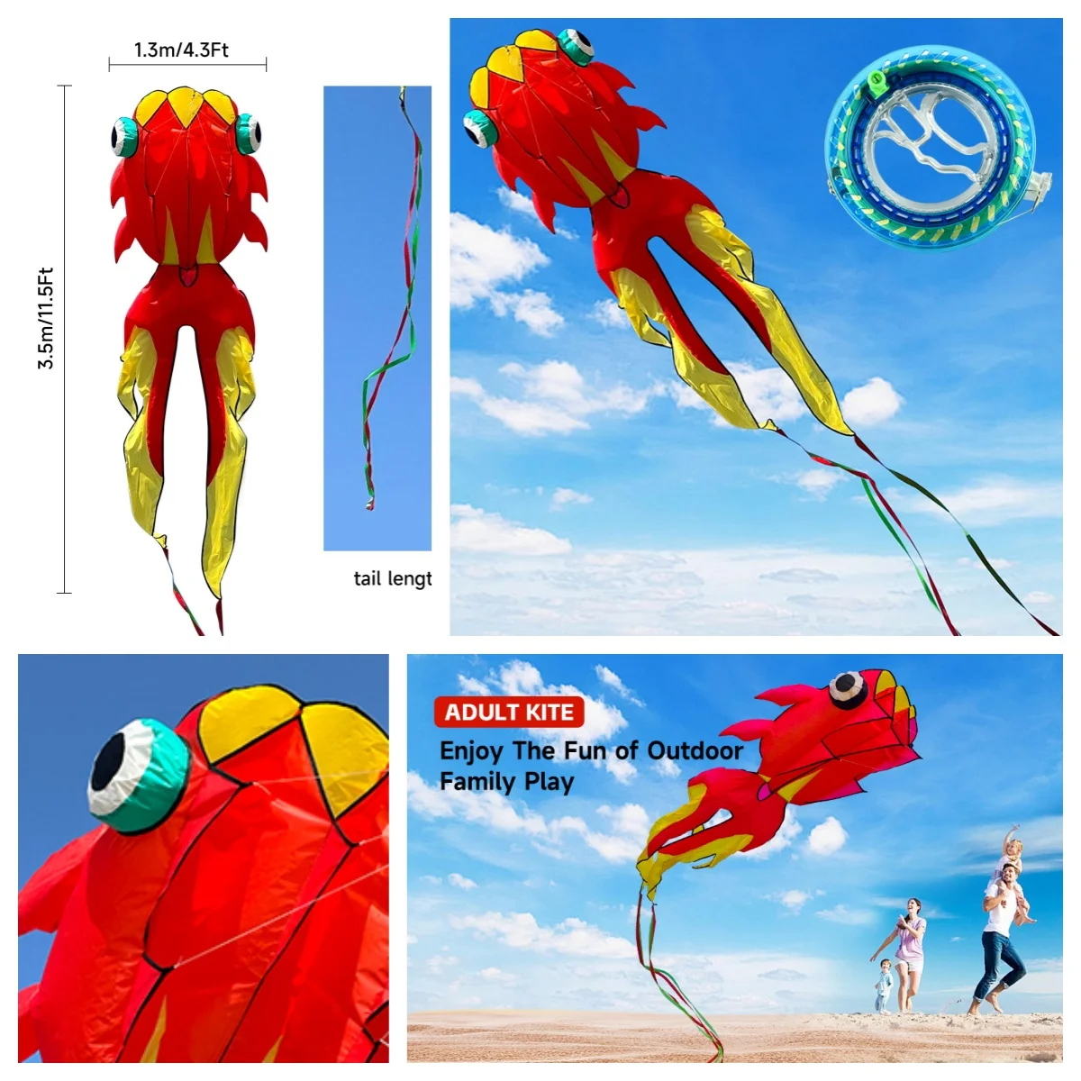 

3D 14M Large Goldfish Soft Kite with 200 meter Scroll Beach Kite Easy to Fly Tear resistant Storage Bag Outdoor Flying Sports