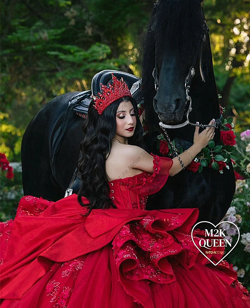 Fascinating Red Off The Shoulder Beaded Corset Quincenara Dress Ruffles Bow Tulle Ruched Wedding Dresses Luxury 2024 Customized