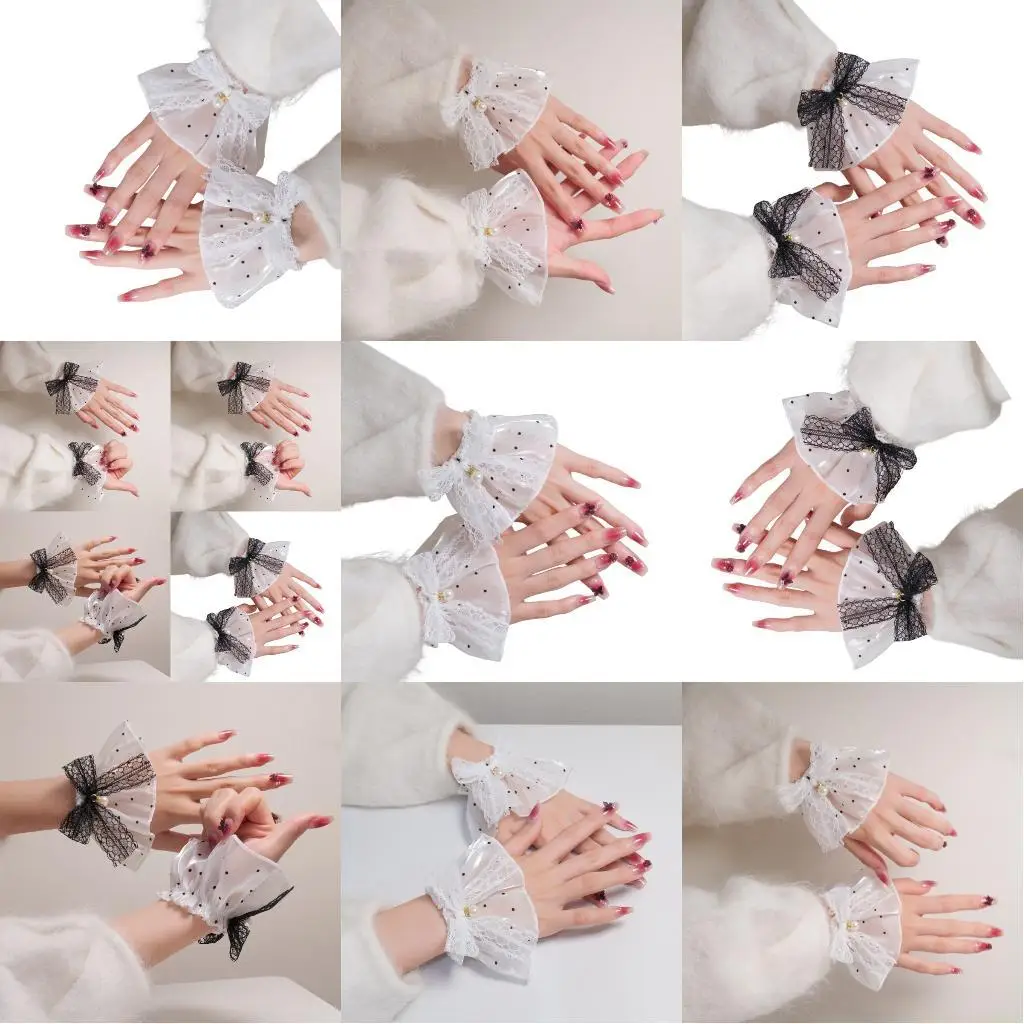 31BF Elegant Lace Sleeves Wrist Cuffs with Artificial Pearls And Bowknot Decors For Daily Outfit Various Event Dressingup