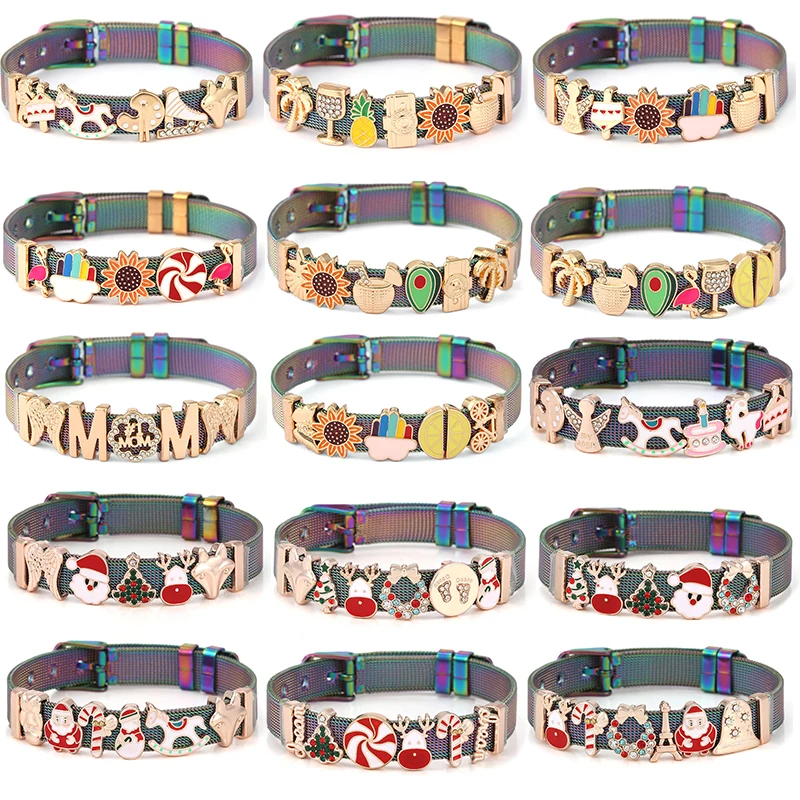 10mm Sunflower Santa Claus Beads Charm Bracelets DIY Mesh Keeper Bracelets Pulseras Mujer For Women Men Christmas Jewelry Gift